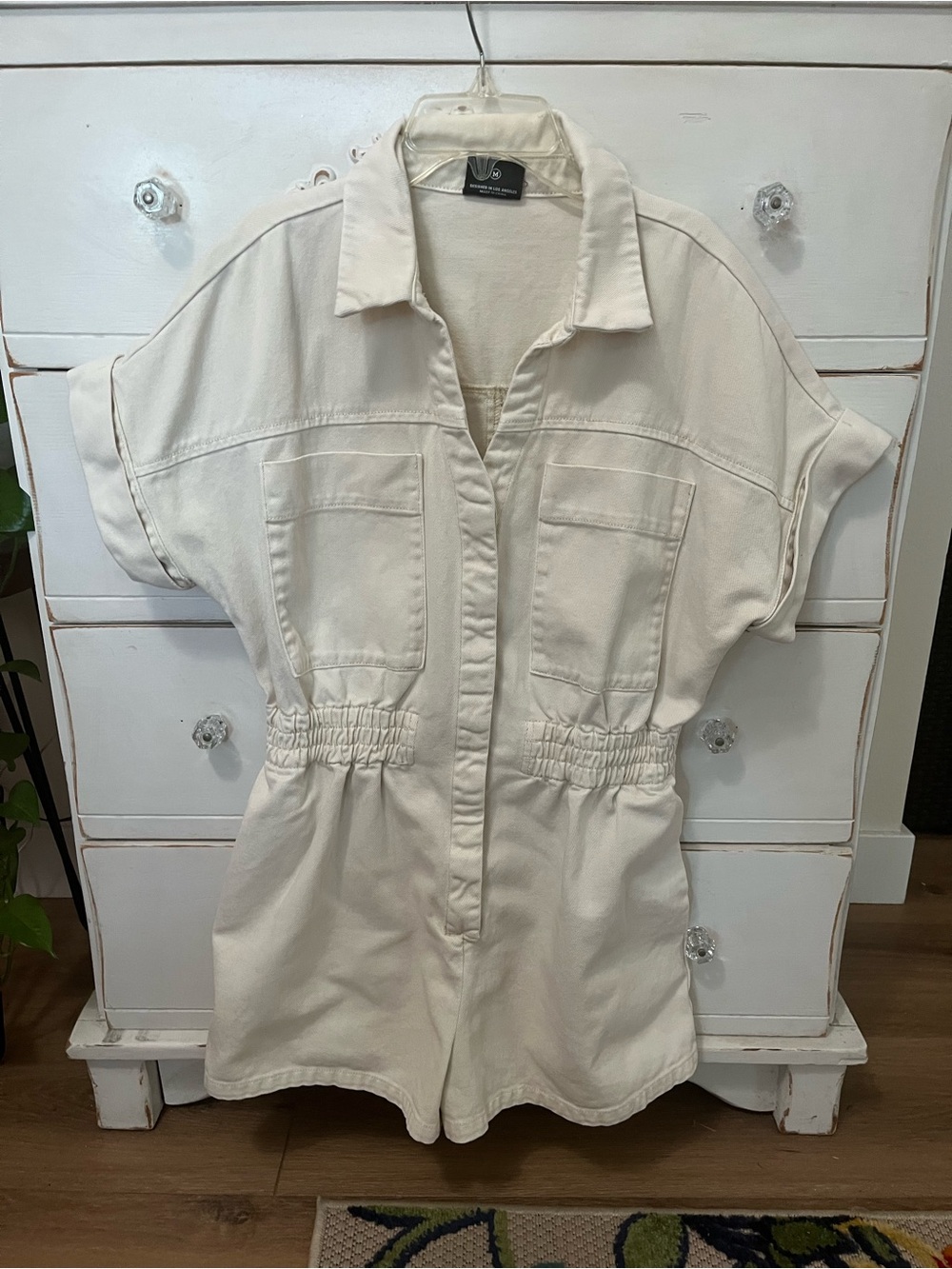 NWOT Miou Muse Tan Denim Short-Sleeve Utility Romper with Elastic Waist